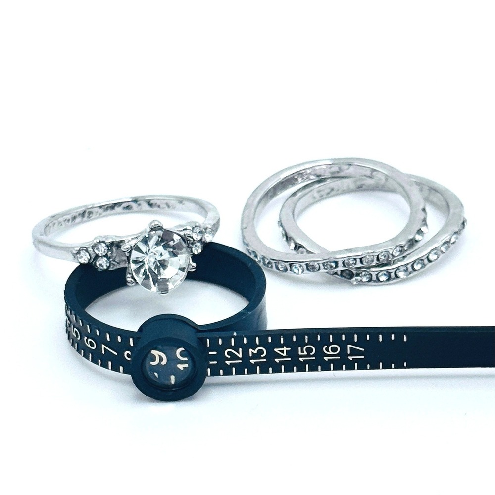 Silver Tone‎ 3 Ring Bridal Style Set Clear Rhinestone Stack Engagement Size 9.5